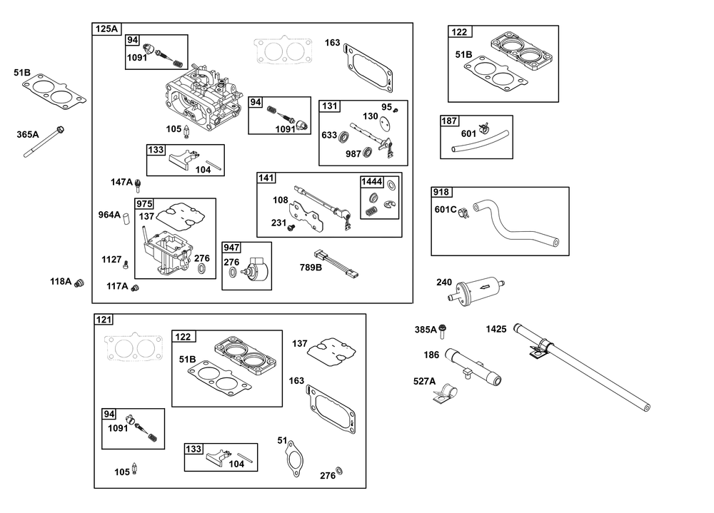 Carburetor And Fuel Supply Group Diagram and Parts List for 613477-0277-J1 400000 - 699999 Briggs and Stratton Engine
